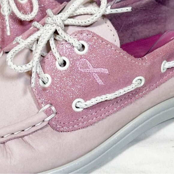 SAS Pink Leather Glitter Breast Cancer Awareness Boat Deck Shoes~9.5~ - Picture 2 of 8